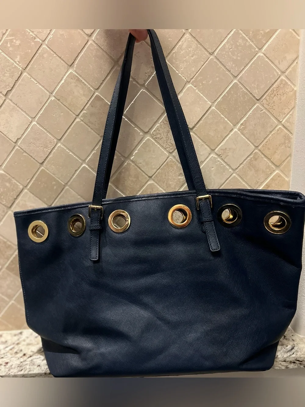 Michael Kors Navy Leather Tote with Gold Grommet Accents Beachy Captain